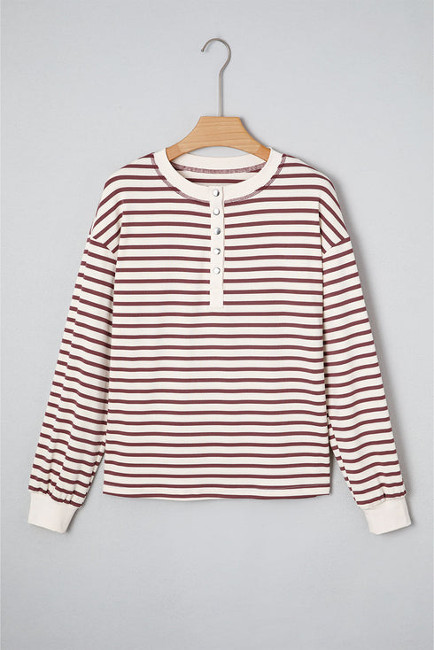Striped Drop Shoulder Snap Front Henley Long Sleeve Top